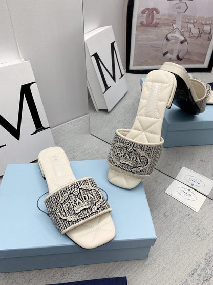 Prada 2026 Slippers Embroidery Canvas Sheepskin 731065