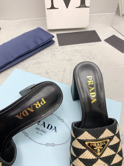 Prada 2026 High Heel Slippers 65 Embroidery Fabric Sheepskin