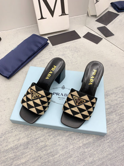 Prada 2026 High Heel Slippers 65 Embroidery Fabric Sheepskin