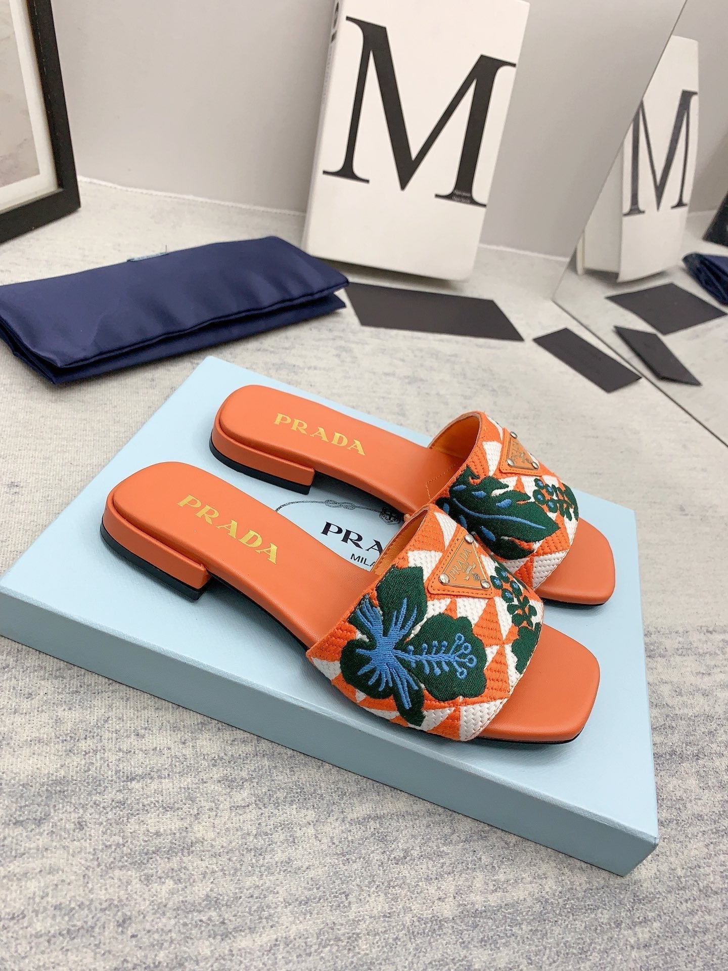 Prada 2026 Slippers Orange Dark Green Embroidery Fabric Sheepskin