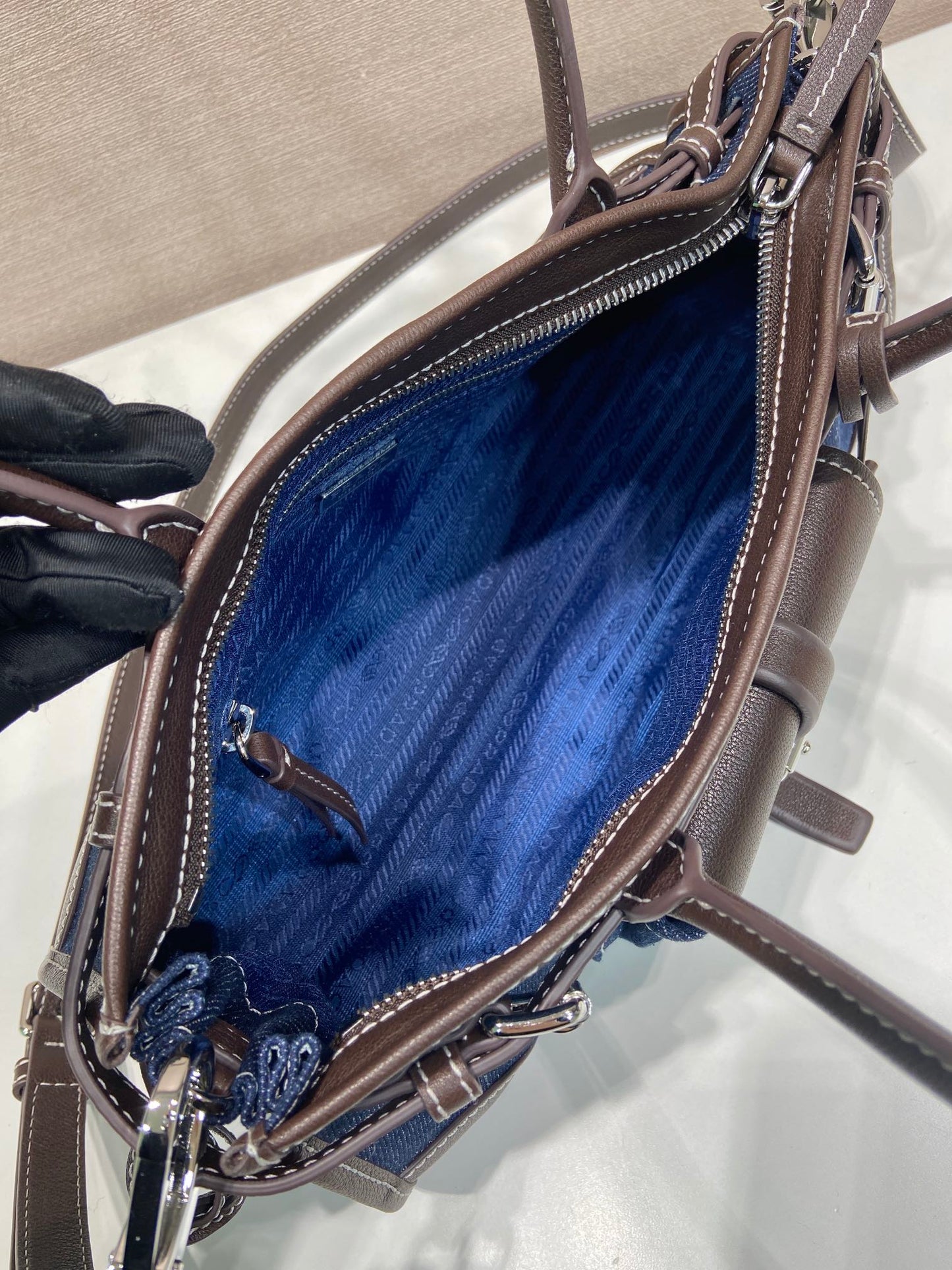 Prada 2026 Bonnie Bag 32cm Blue Brown Denim Leather 351805