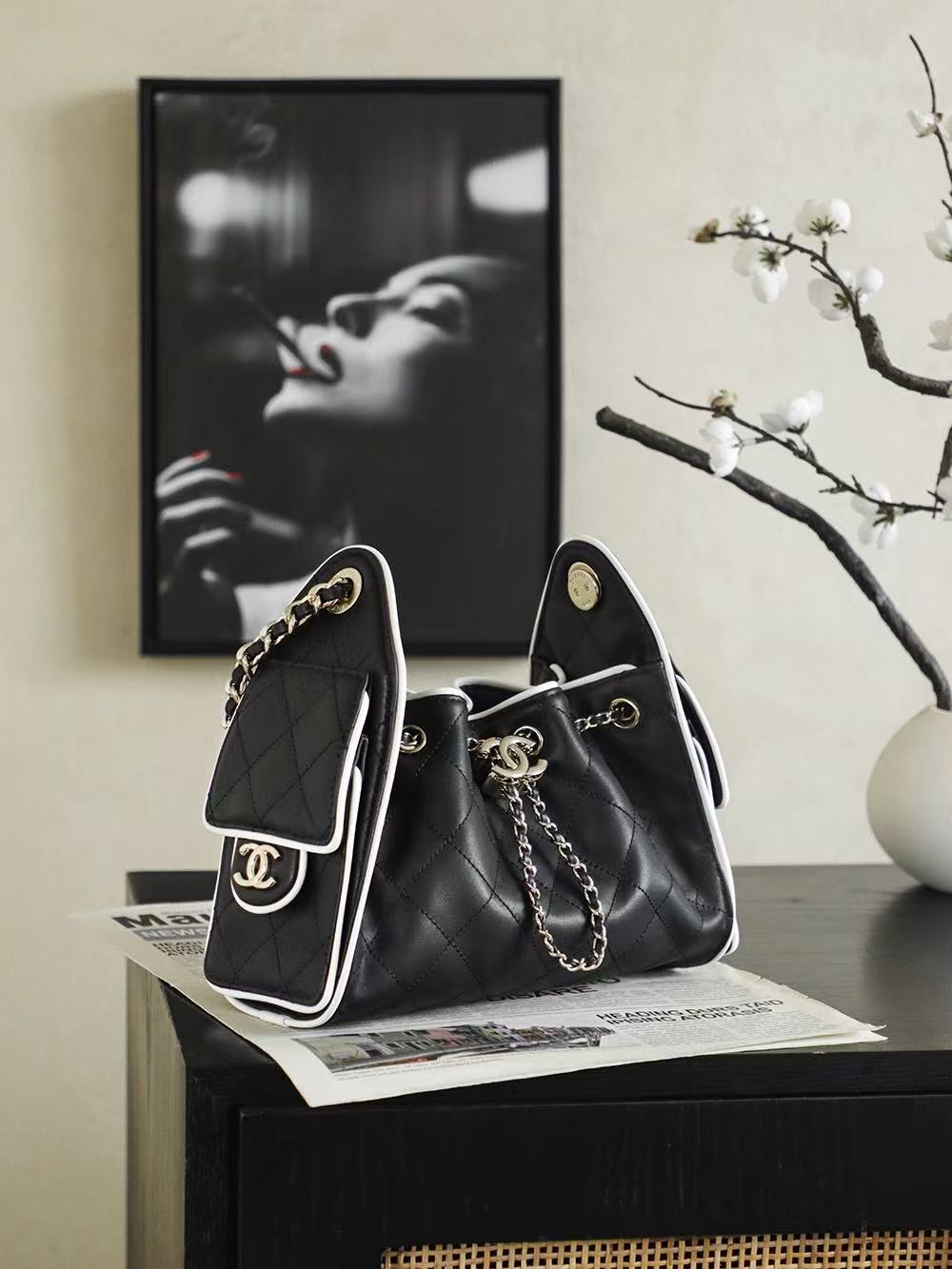Chanel 2026 Hobo Bag 22cm Black White Calfskin
