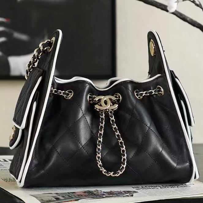 Chanel 2026 Hobo Bag 22cm Black White Calfskin
