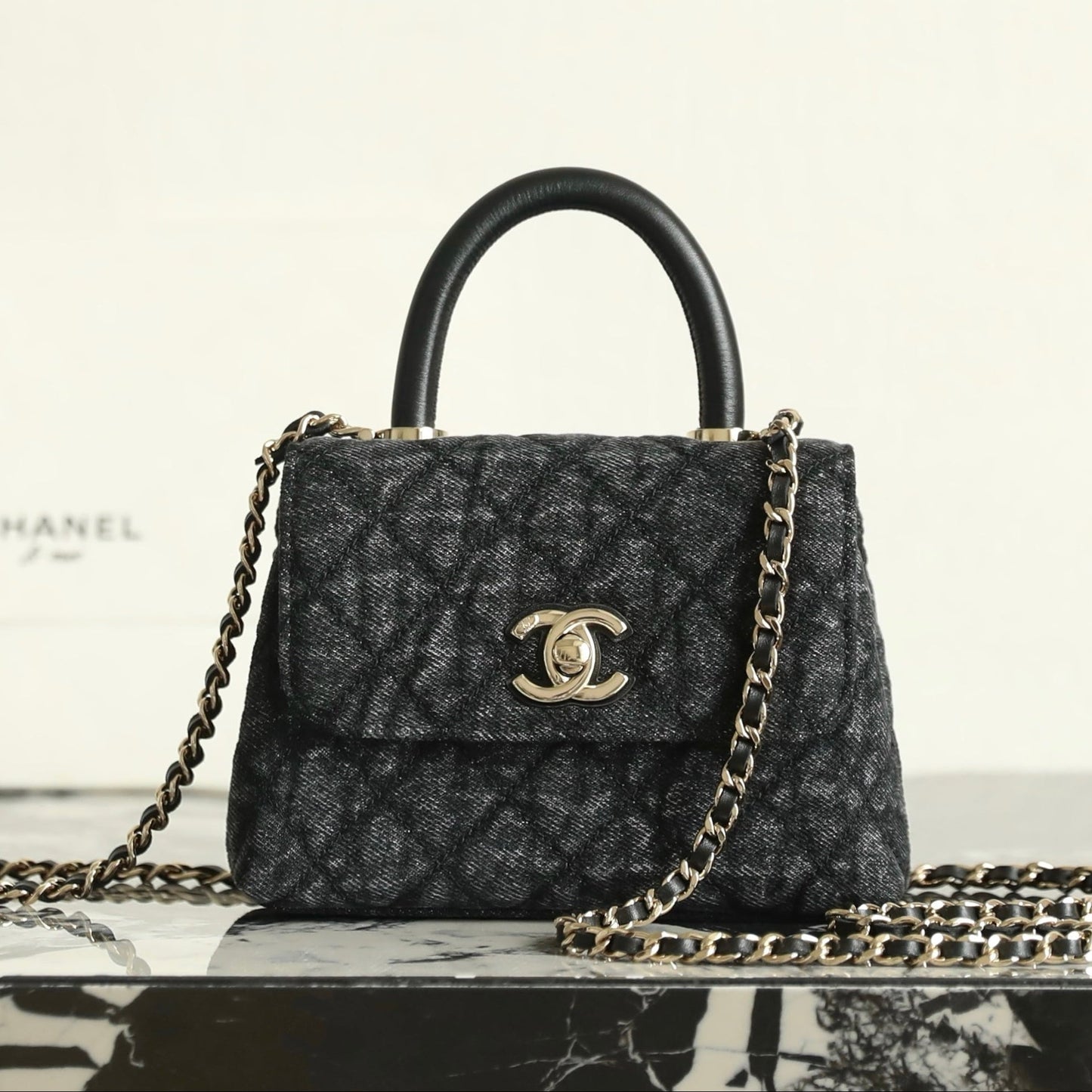 Chanel 2026 Coco Top Handle Bag 14.5cm Black Denim Leather 352687