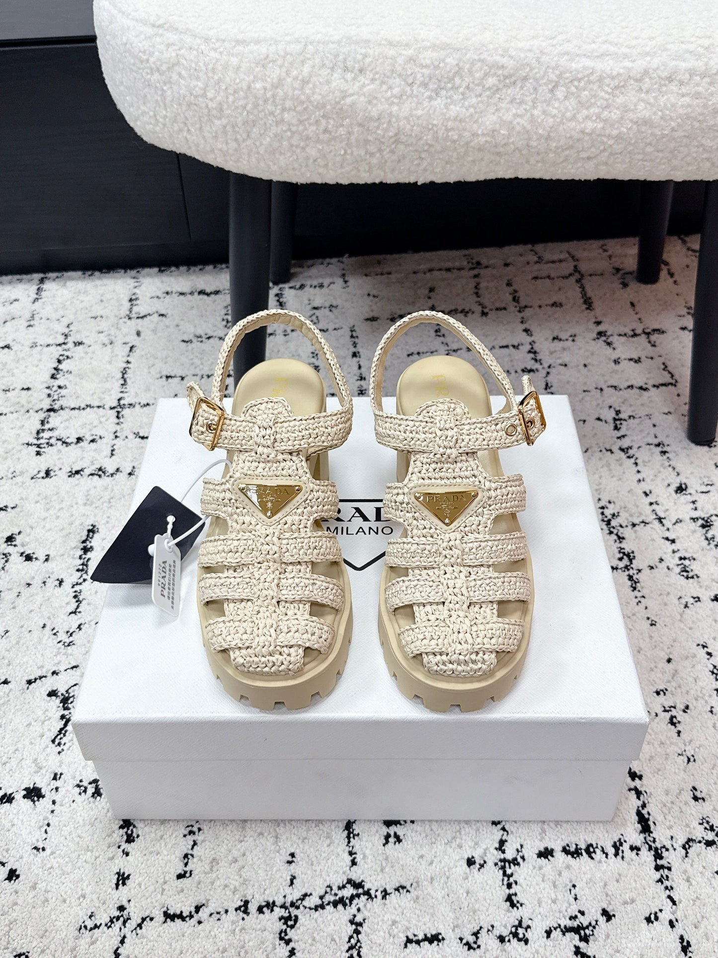 Prada 2026 Monolith Crochet Cage Sandals 90mm Sheepskin 769824