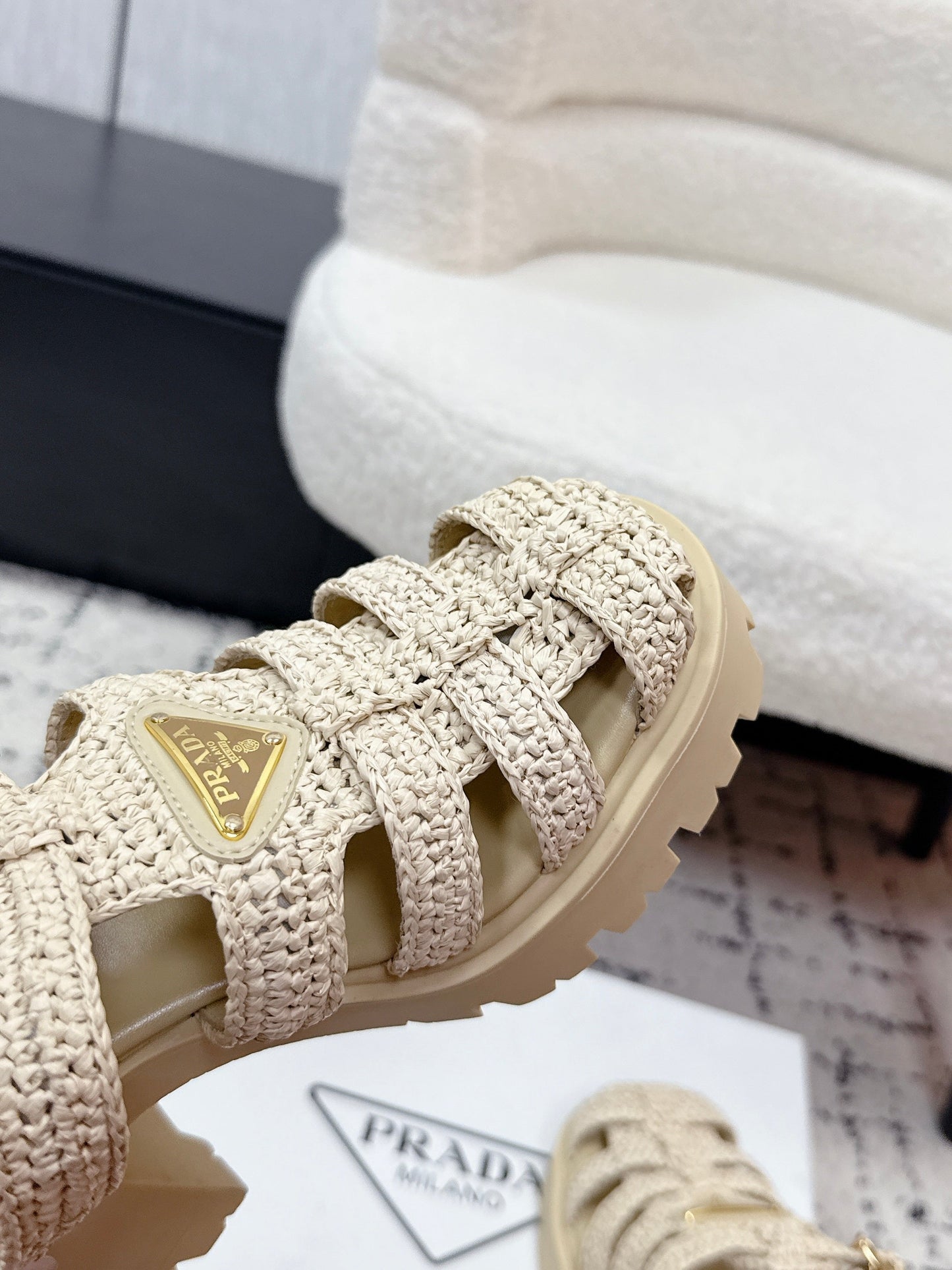 Prada 2026 Monolith Crochet Cage Sandals 90mm Sheepskin 769824
