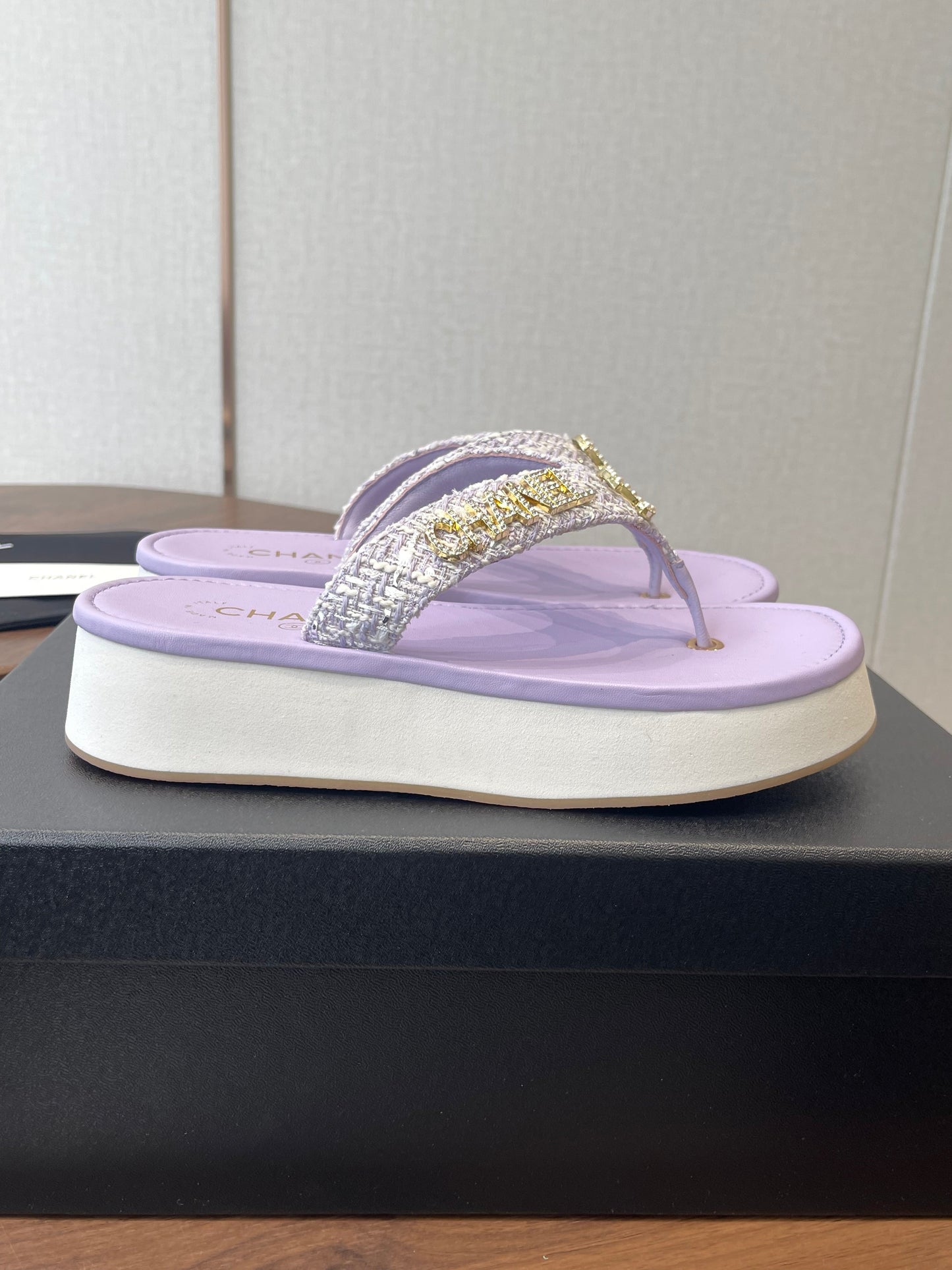 Chanel 2026 Thong Sandal Platform Tweed Gold Logo Details 790372