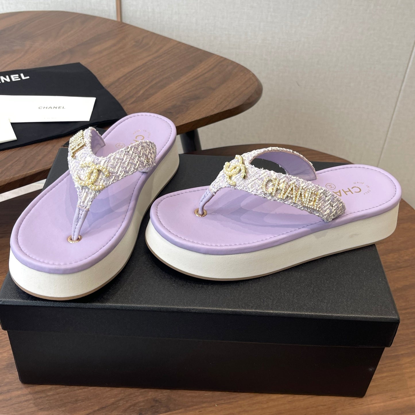 Chanel 2026 Thong Sandal Platform Tweed Gold Logo Details 790372