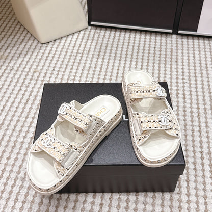 CC 26s Sandals Beige Leather Raffia 632397