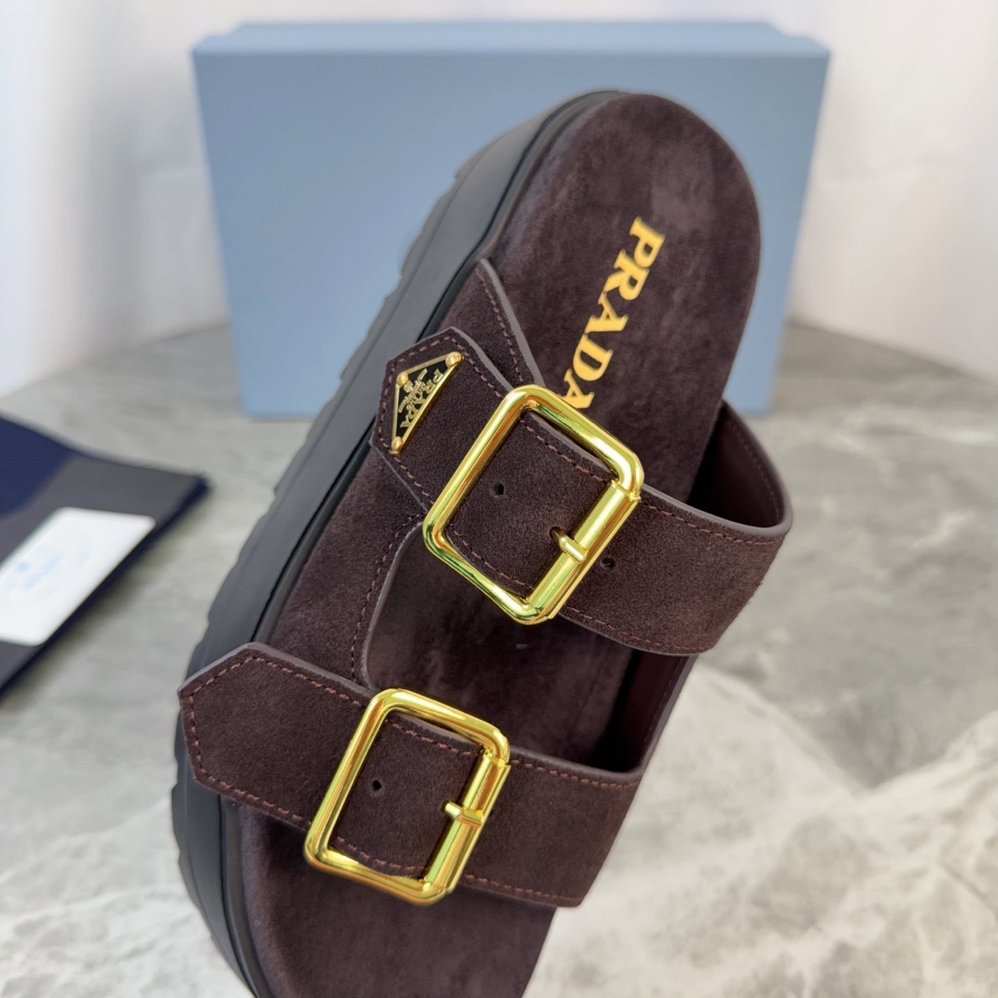 Prada 2026 Fussbett Flatform Slide Sandal Dark Brown Black Suede Leather 707697