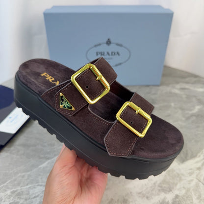 Prada 2026 Fussbett Flatform Slide Sandal Dark Brown Black Suede Leather 707697