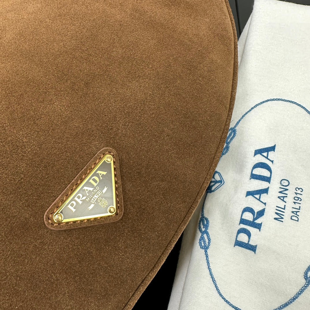 Prada 2026 Large Demi-Lune Shoulder Bag 42cm Brown Suede