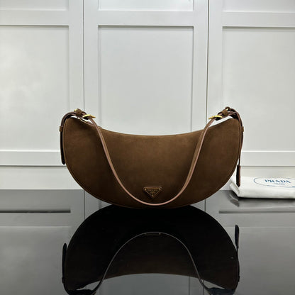 Prada 2026 Large Demi-Lune Shoulder Bag 42cm Brown Suede