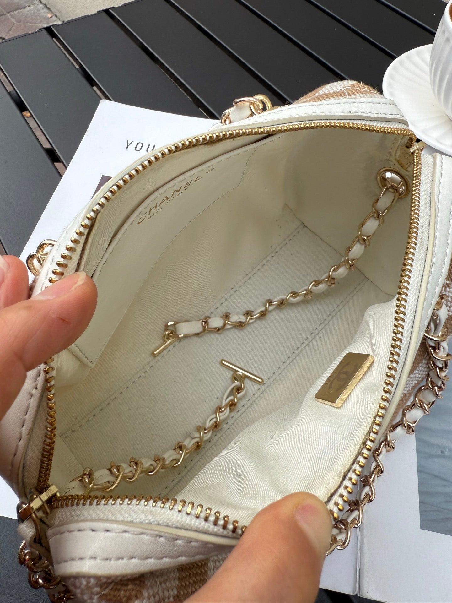 Chanel 2026 Deauville Bowling Bag 18cm White mix Light Brown Canvas Leather