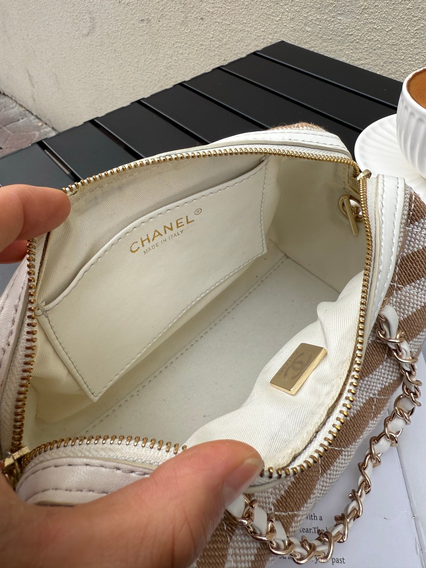 Chanel 2026 Deauville Bowling Bag 18cm White mix Light Brown Canvas Leather