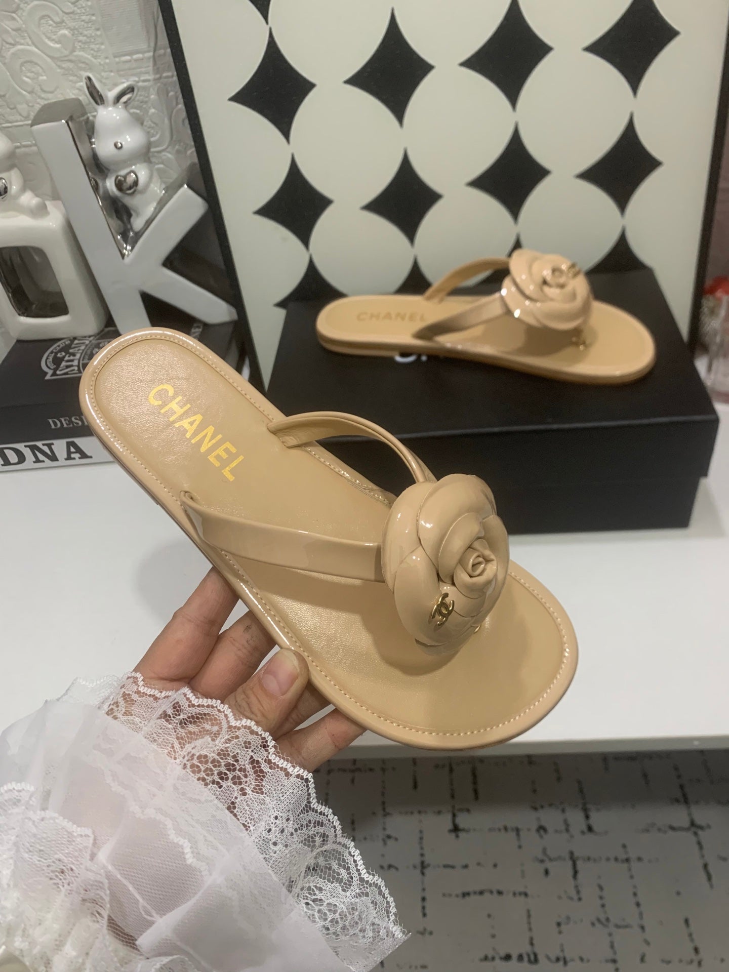 Chanel 2026 Camellia Flip-Flops Patent Calfskin 802344