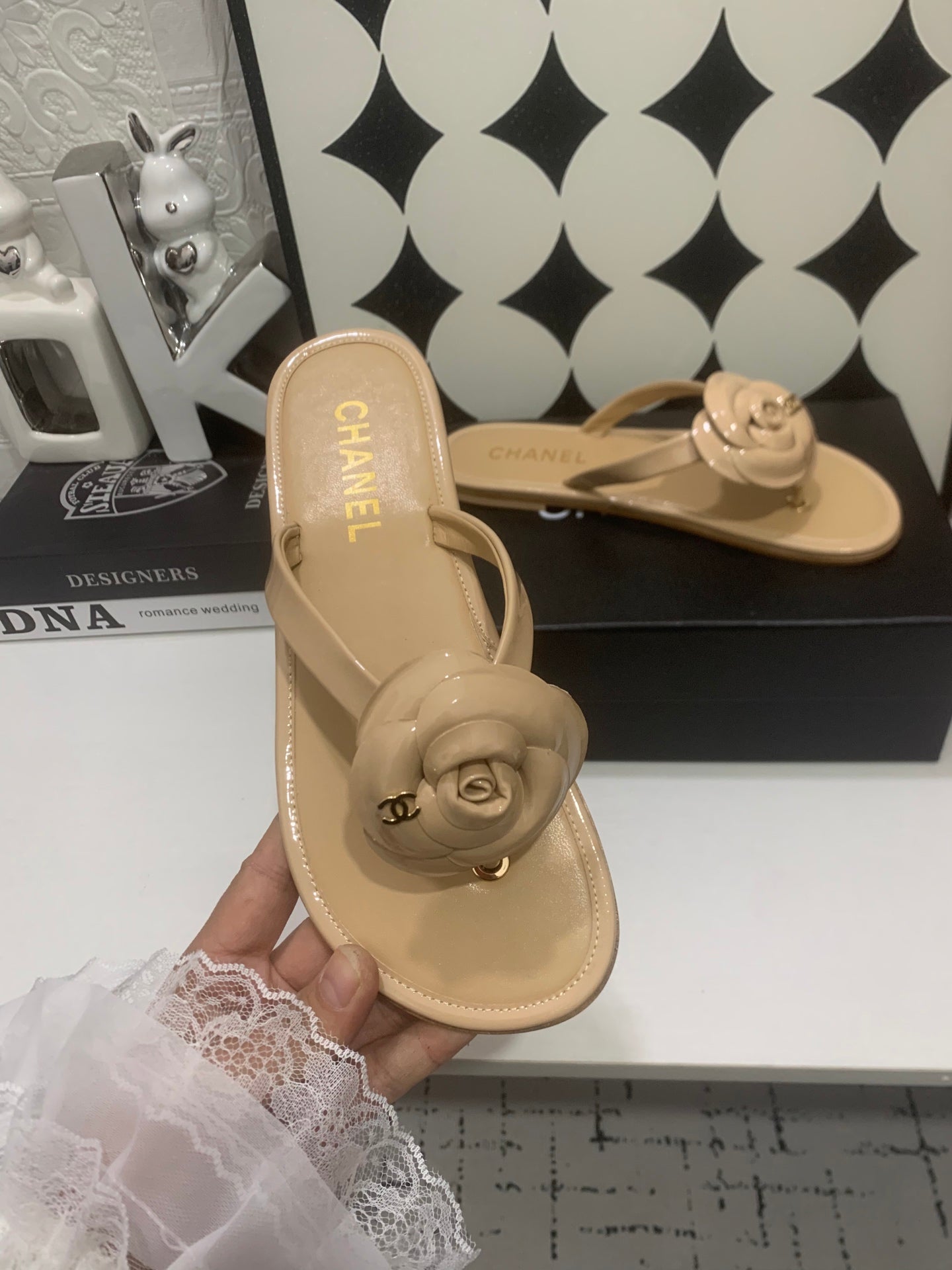 Chanel 2026 Camellia Flip-Flops Patent Calfskin 802344
