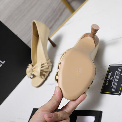 Chanel 2026 Bow Strappy High-Heeled Peep Toe Sandals Beige Cowhide 758432