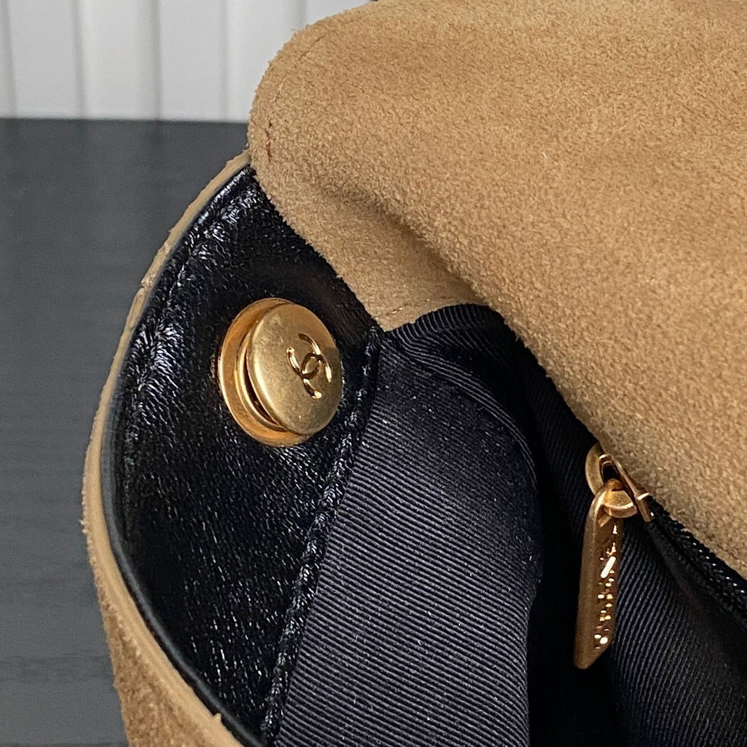 Chanel 2026 Coco Base Top Handle Flap Bag Beige Black Suede Leather 348231