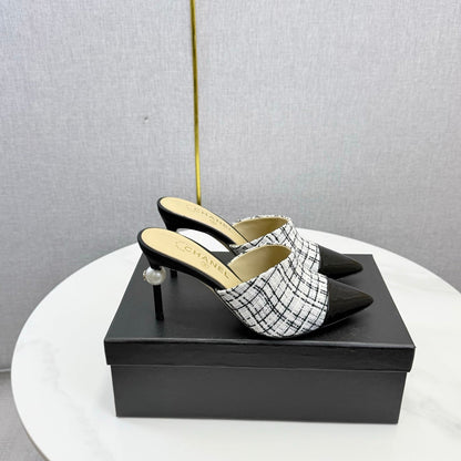 Chanel 2026 Pointy Heeled Mules 85mm Tweed Pearl  801951
