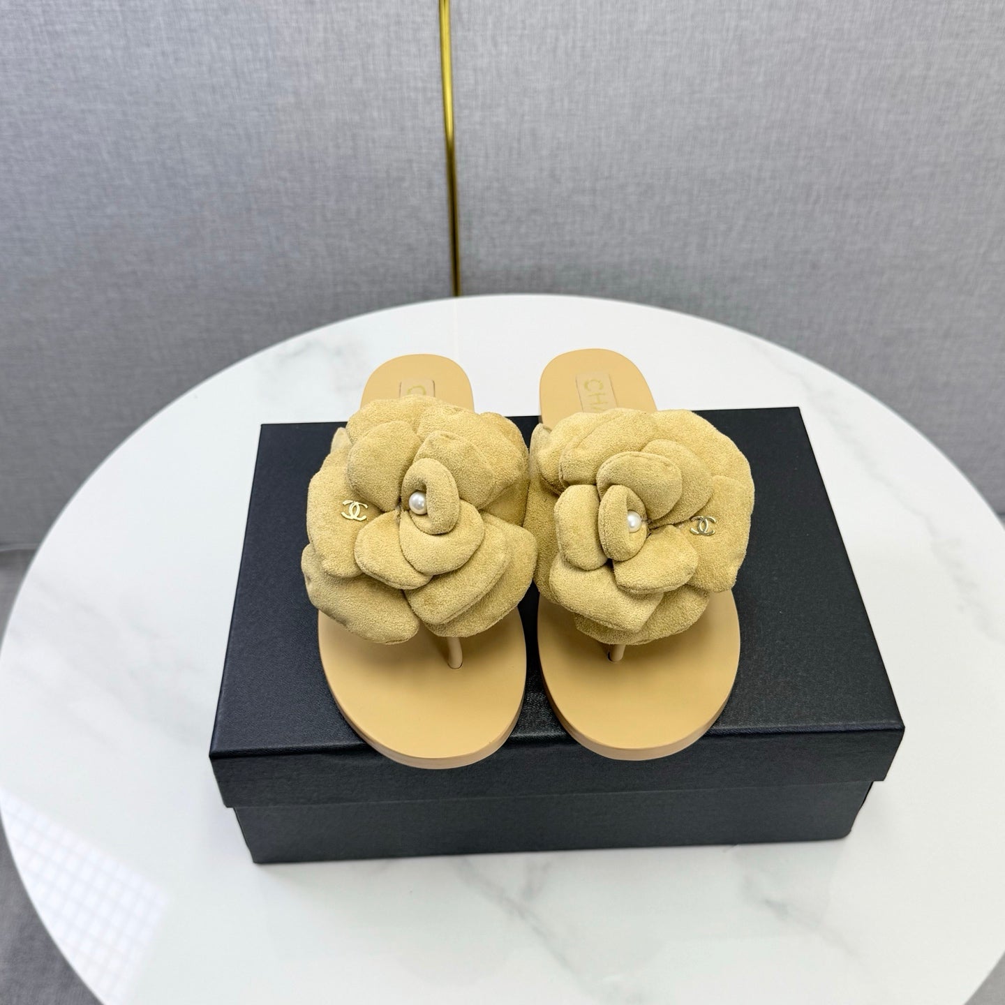 Chanel 2026 Flower Flat Thong Sandals Suede Cowhide 801431