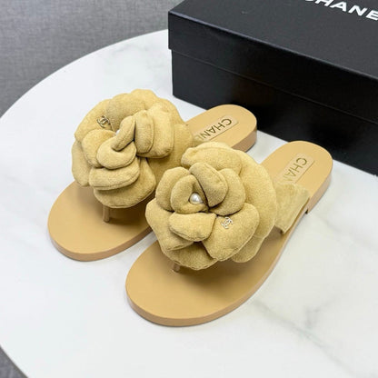 Chanel 2026 Flower Flat Thong Sandals Suede Cowhide 801431