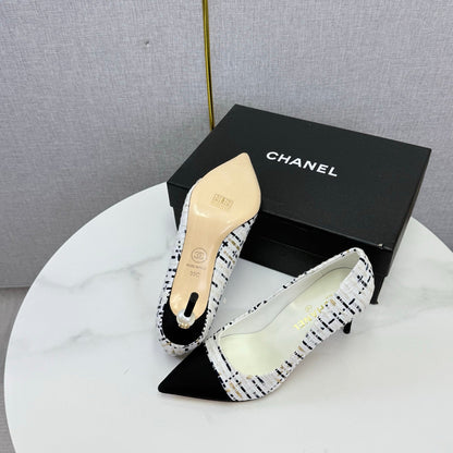 Chanel 2026 Pumps 85mm Tweed Pearl White Black 801952