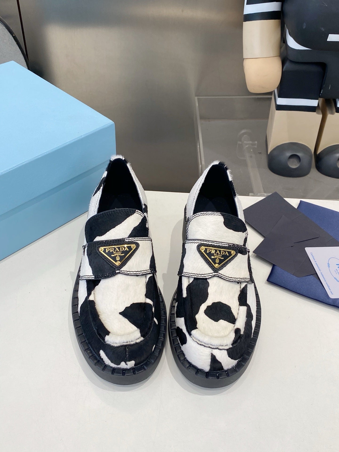 PRA 26S Platform Loafers Black White Cow Print Leather 628561