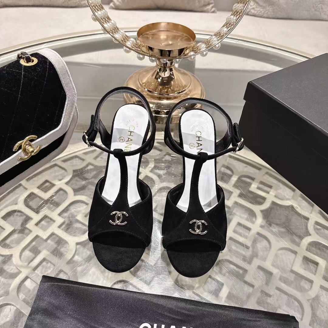 Chanel 2026 Double C Platform High-Heel Sandal Black Suede Leather 634215