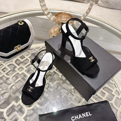 Chanel 2026 Double C Platform High-Heel Sandal Black Suede Leather 634215