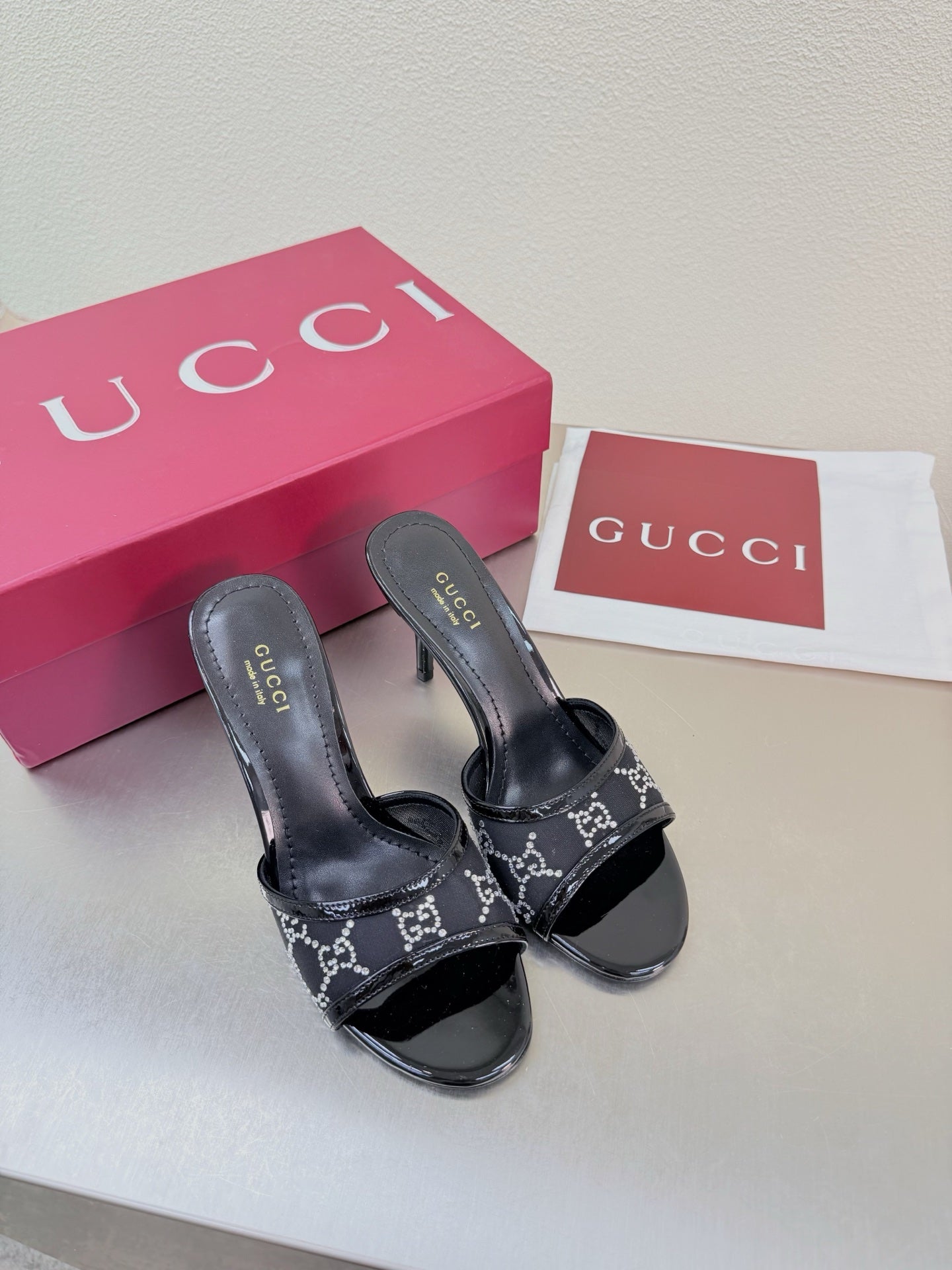 Gucci 2026 Erin GG Embellished Leather-trimmed Mules Black Mesh Leather