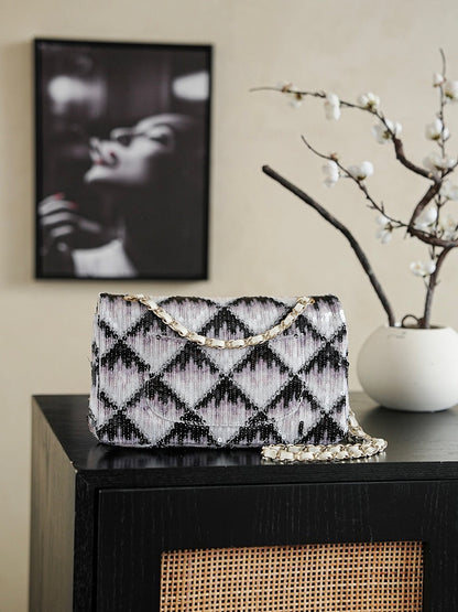 Chanel 2026 Flap Bag 25.5cm Black White Purple Sequin Leather 339086