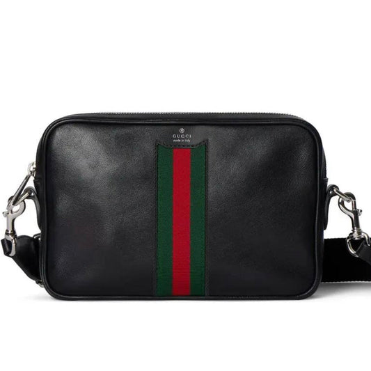 Gucci 2026 Web Trademark Crossbody Bag 24cm Black Calfskin