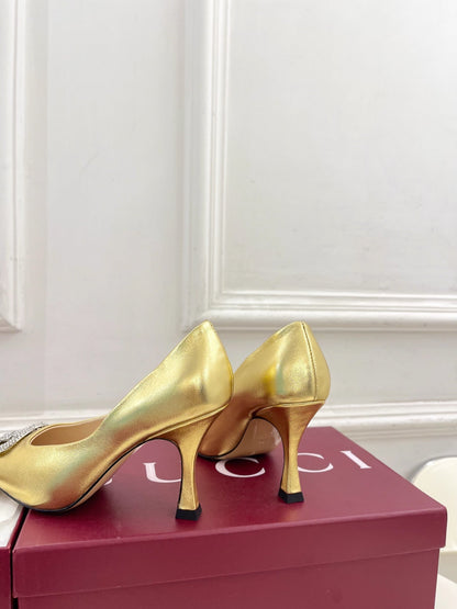 GG 26 High-Heeled 85 Pumps Gold Metallic Cowhide 587078