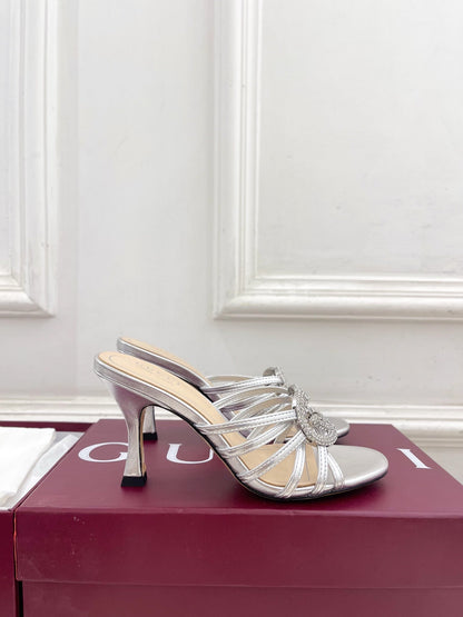 GG 26 High-Heeled Mules 85 Sliver Metallic Leather 587088